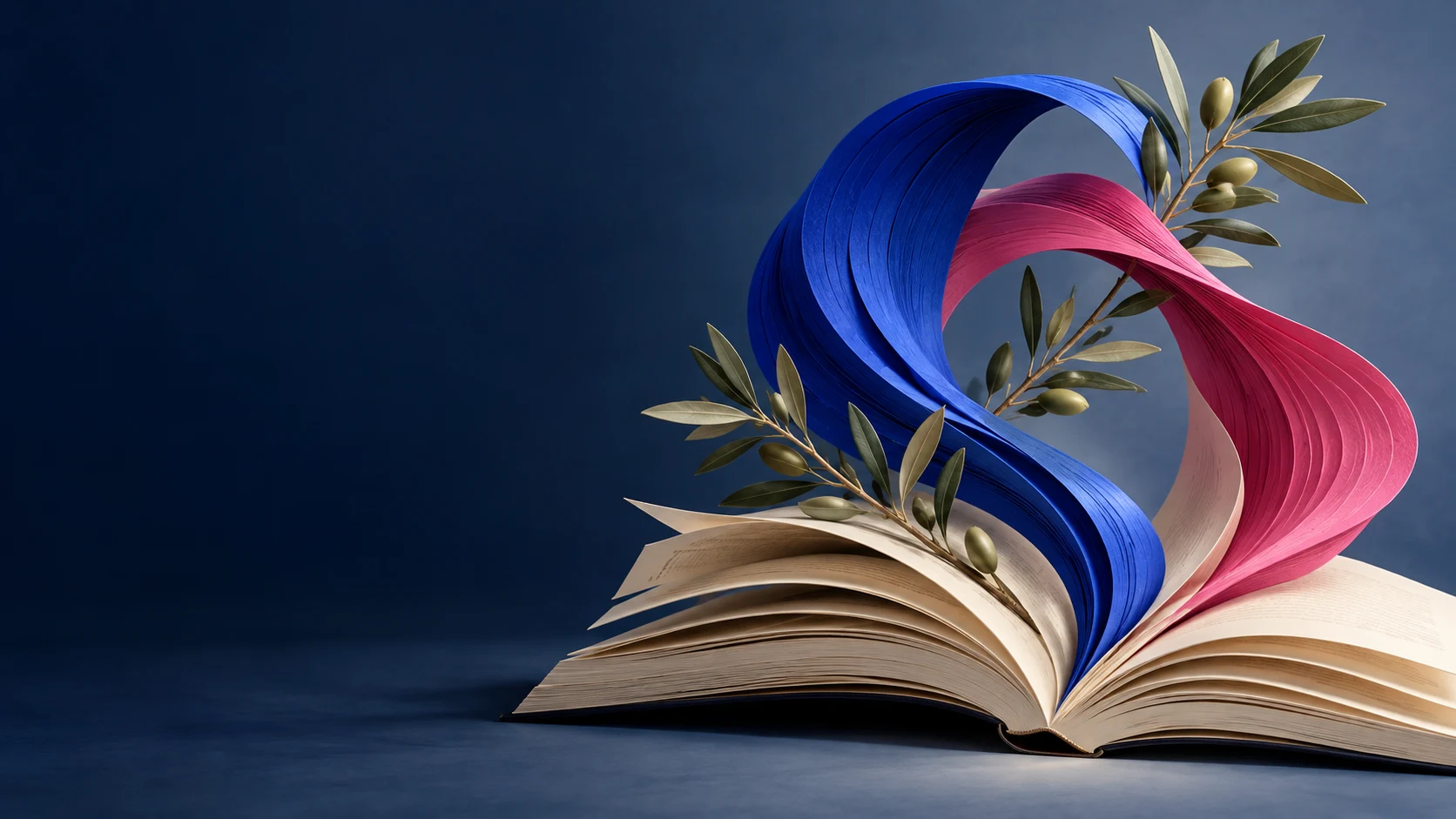 Un libro aperto, pagine intrecciate blu e rosa e un ramo di ulivo: conoscenza, relazione e crescita.